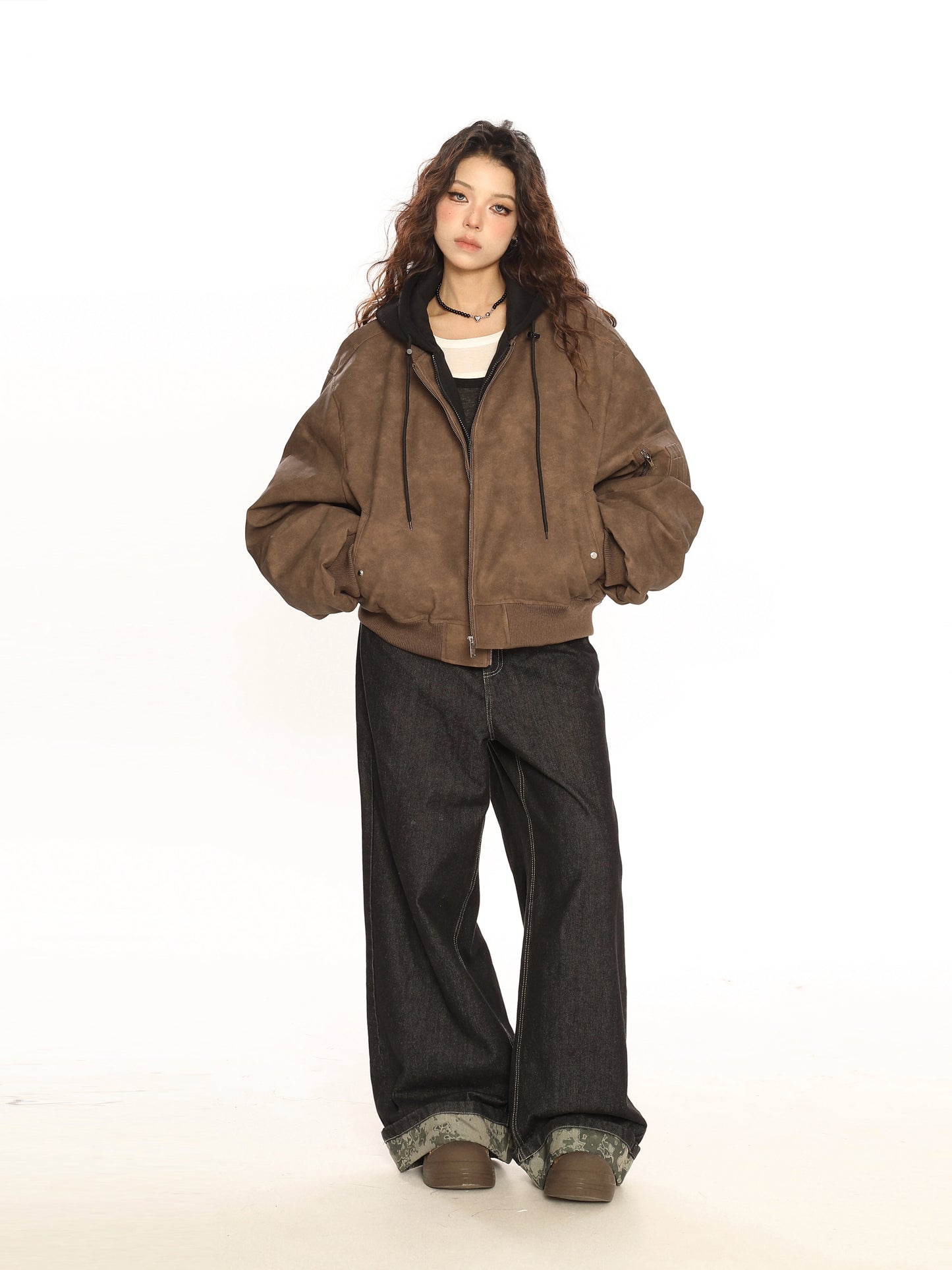Heavy Double Layer Fake Two Piece Hooded Leather Jacket