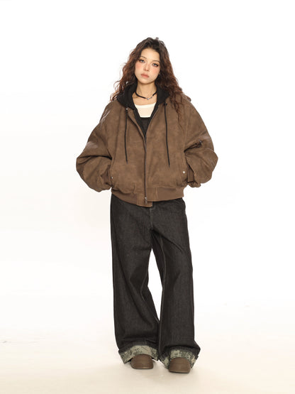 Heavy Double Layer Fake Two Piece Hooded Leather Jacket