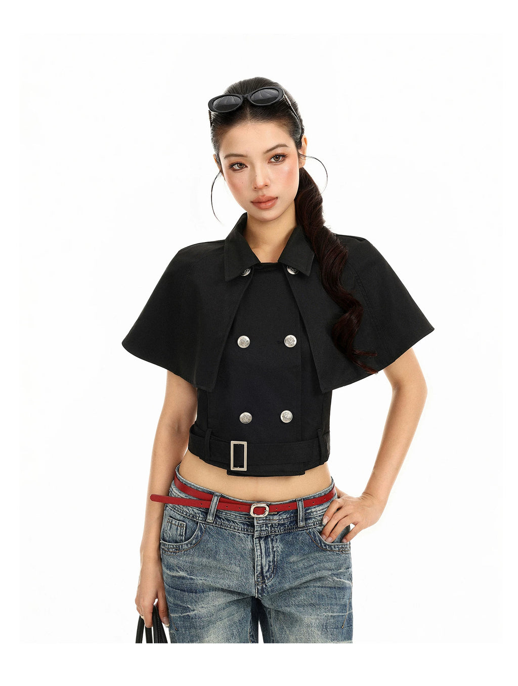 Black cropped trench jacket, cape and double-breasted detail
