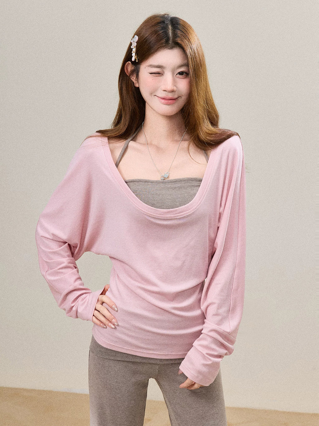 Off-Shoulder Cami-Layered Knit Top Set