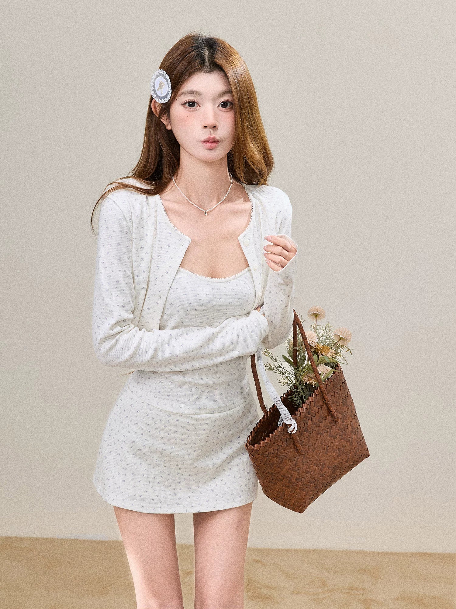 Floral Knit Cardigan, Cami & Skirt Set