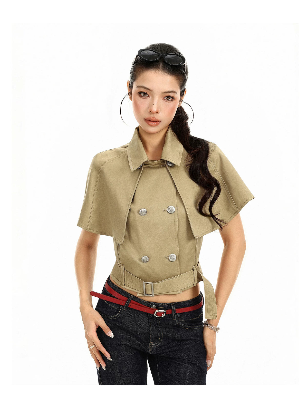 Khaki cropped trench jacket with cape attached, front view