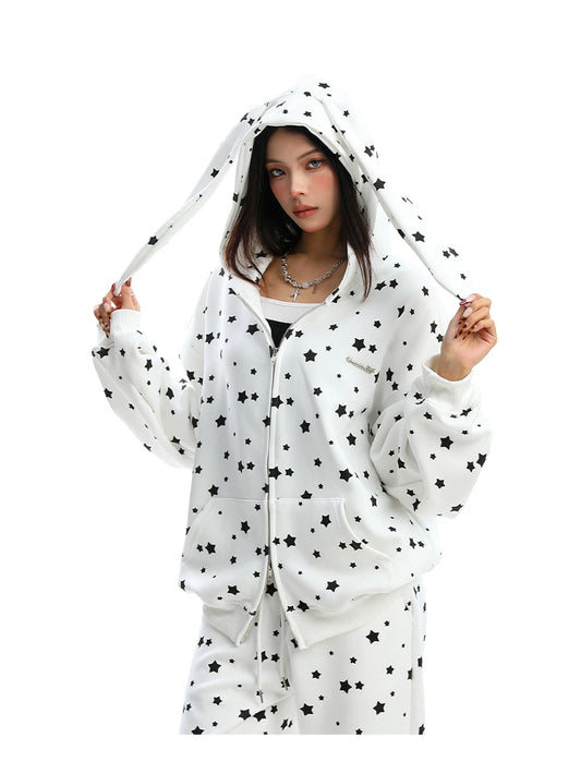 Full Print Star Rabbit Ears Hooded Sweatshirt Set