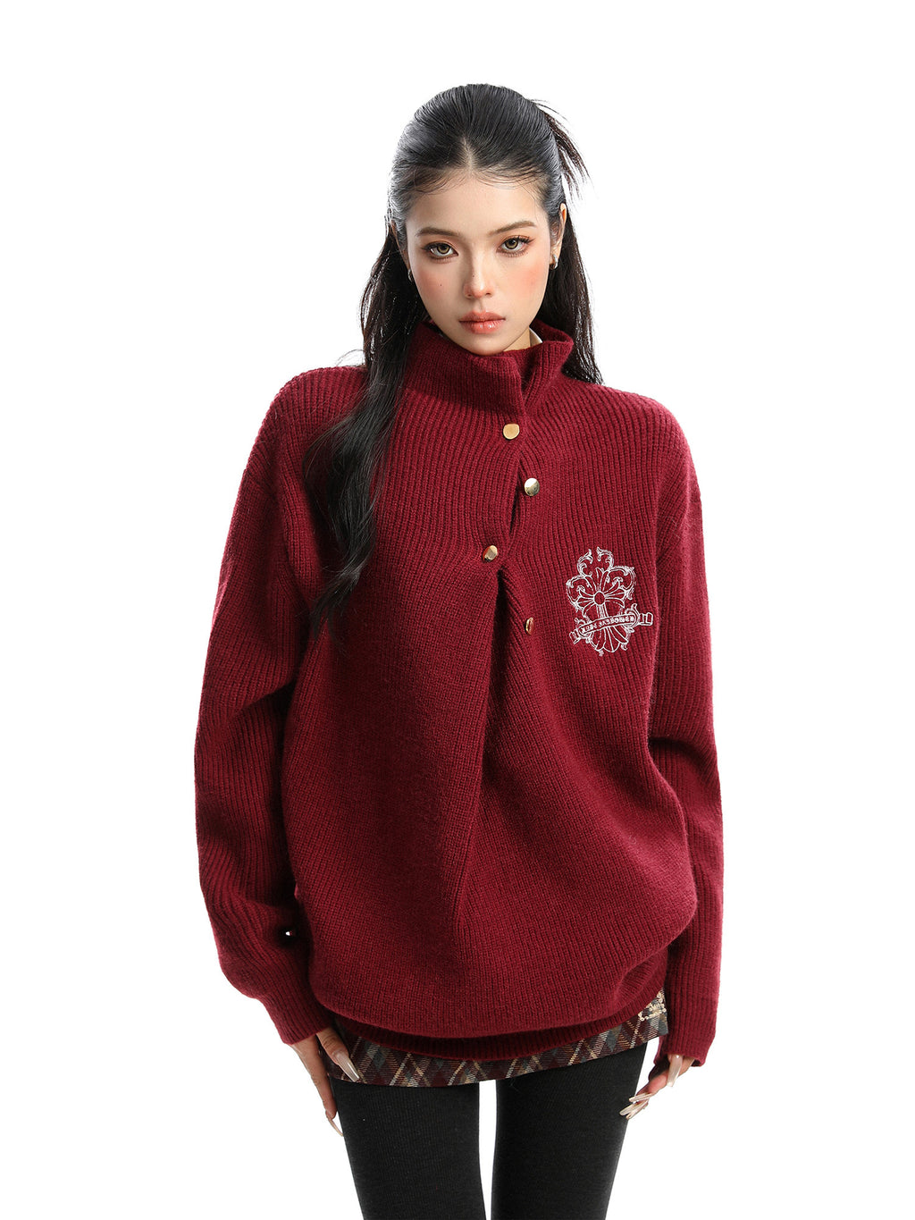 Cross Embroidery Turtleneck Sweater