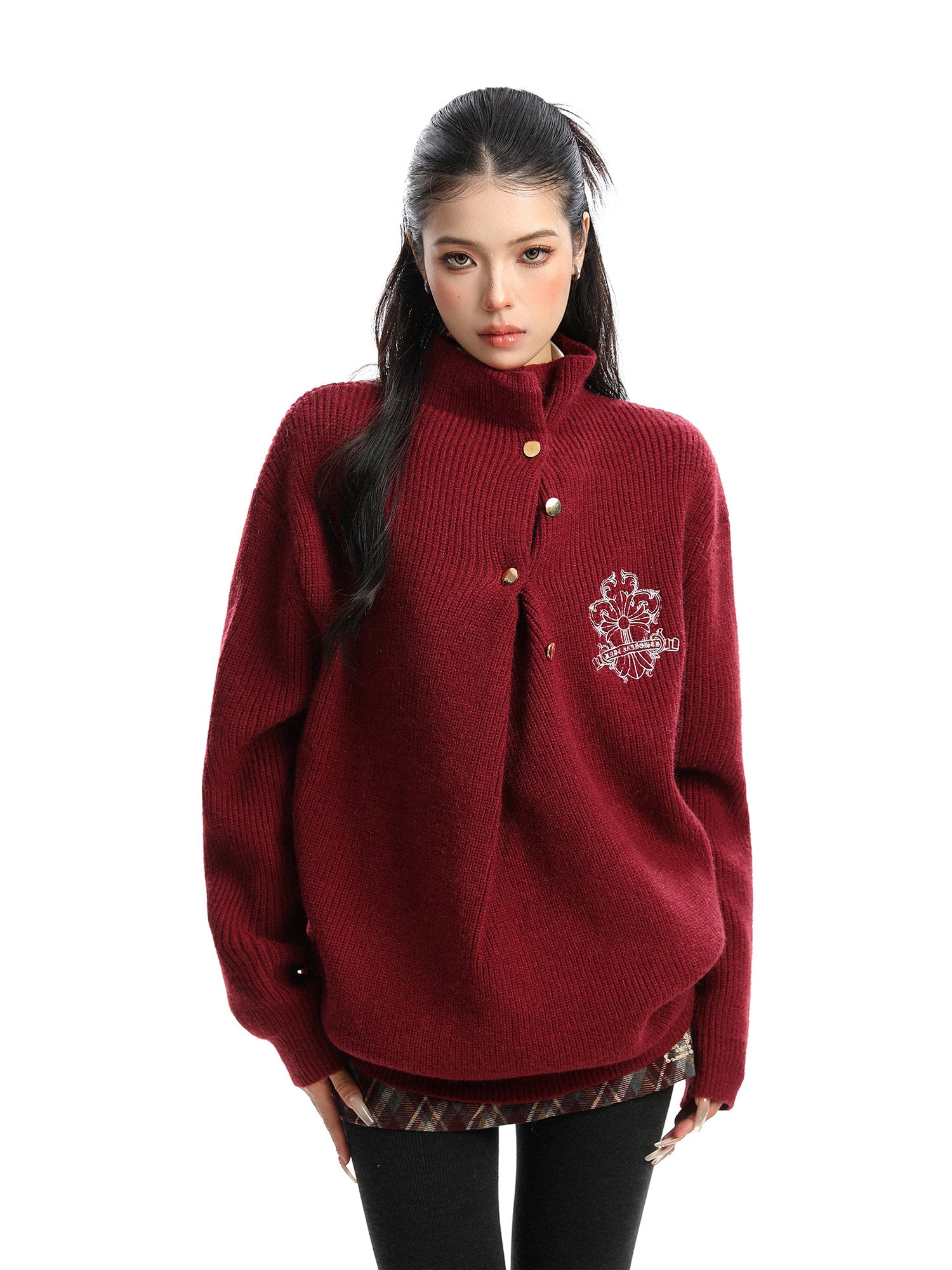 Cross Embroidery Turtleneck Sweater