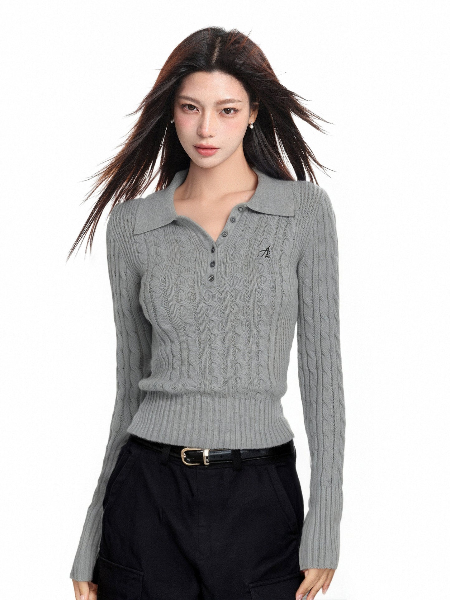 Polo Collar Slim Twist Knit Sweater