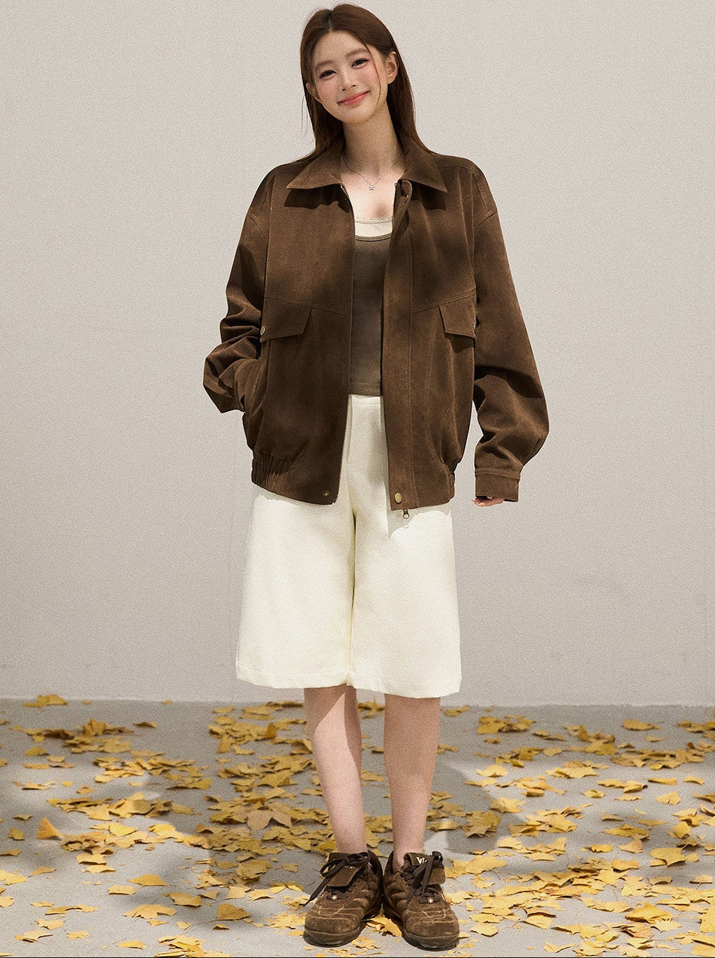 Retro Zipper Lapel Suede Long Sleeve Jacket