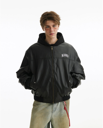Two Pieces PU Lint Bomber Hooded Jacket