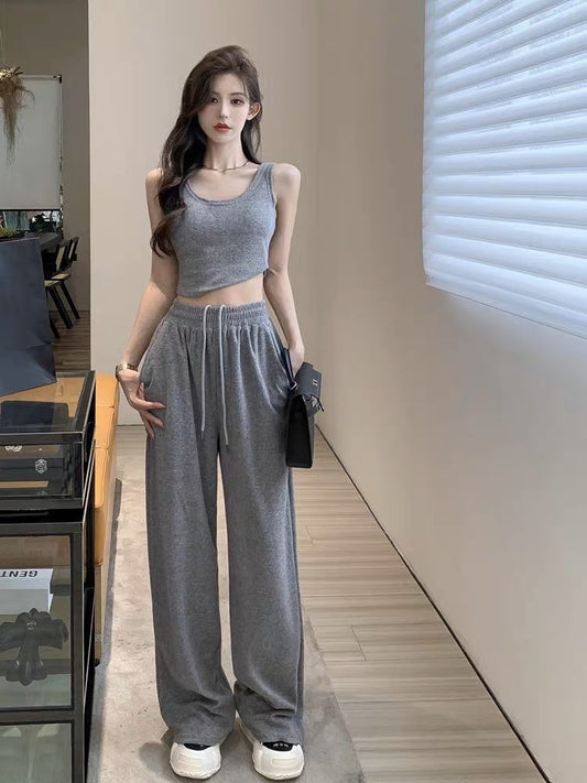 Lazy Pure Style Croptop and High Waist Wide Leg Pants Knitting Set