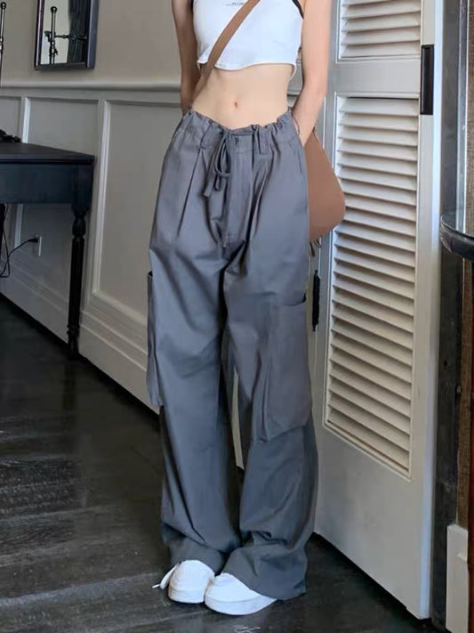 Grey style high waist drawstring overalls casual wide leg pants