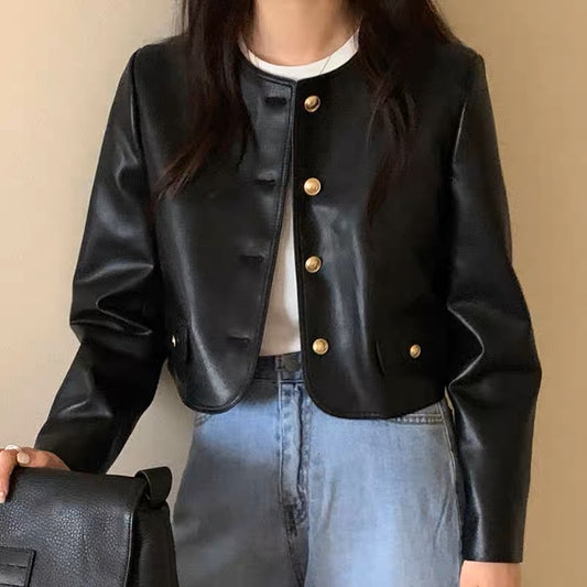 Korean around neck metal single-breasted button loose long-sleeved short jacket leather jacket