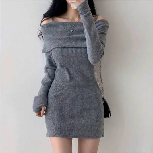 Korean off shoulder slim fit knit dress winter