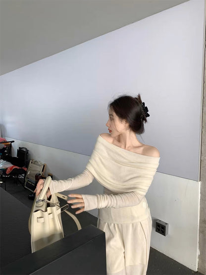 French off-shoulder long-sleeved knitted bottoming shirt slim fit and thin pullover top