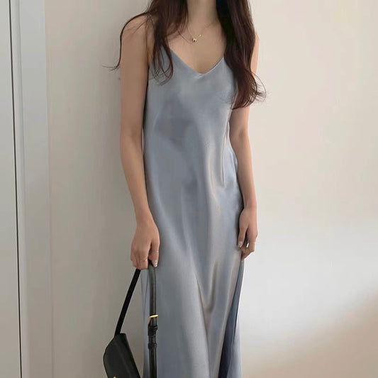 Korean V-neck slim waist satin glossy over-the-knee long suspender dress