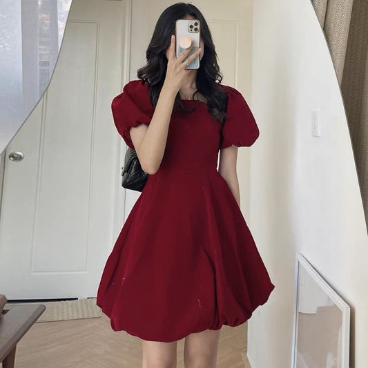 Korean early spring French temperament square collar sleeves puffy dress